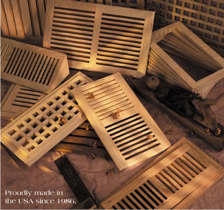 Wood heat grilles registers grates and custom wood vents for floor and wall applications